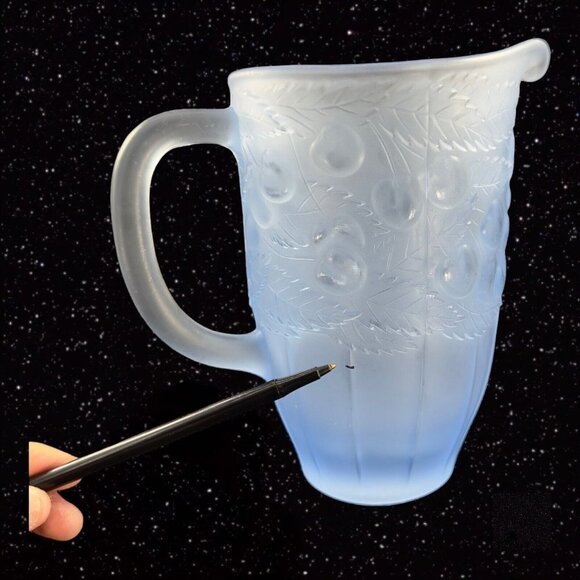 Vintage Light Blue Satin Frosted Glass Raised Cherries Leaves Carafe Pitcher Jug - Picture 8 of 12